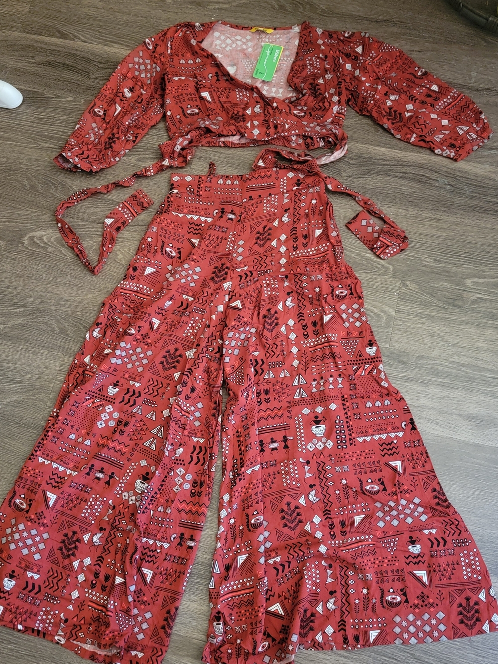 Women's 2 Piece Red Printed Wide-Leg Pants with Tie Top